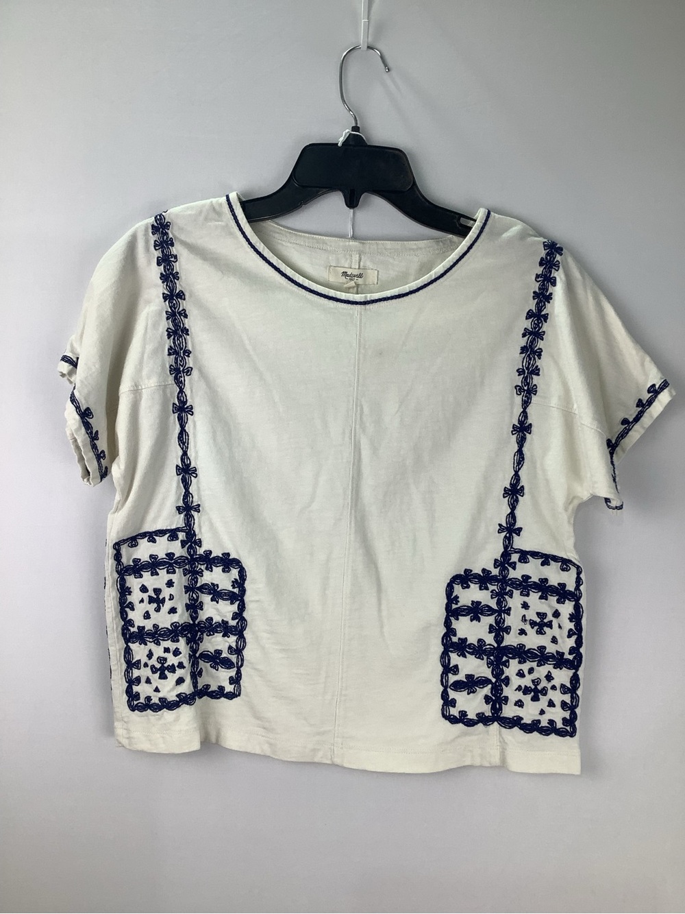 Madewell Women's White Short-Sleeve Top with Navy Embroidery size S